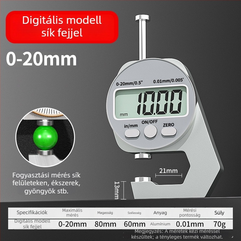 Digitális vastagságmérő, elektronikus vastagságmérő, mini tolómérő, sík vég, hegyes vég és ívelt vég, mérési tartományok 0-10 mm és 0-20 mm, Cassiolo