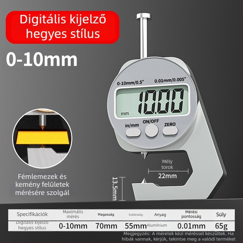 Digitális vastagságmérő, elektronikus vastagságmérő, mini tolómérő, sík vég, hegyes vég és ívelt vég, mérési tartományok 0-10 mm és 0-20 mm, Cassiolo