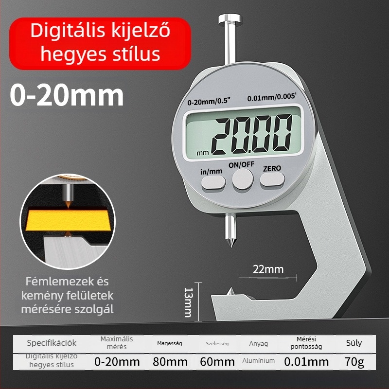 Digitális vastagságmérő, elektronikus vastagságmérő, mini tolómérő, sík vég, hegyes vég és ívelt vég, mérési tartományok 0-10 mm és 0-20 mm, Cassiolo