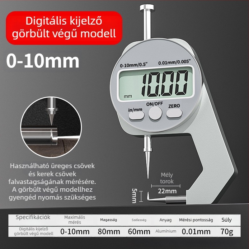 Digitális vastagságmérő, elektronikus vastagságmérő, mini tolómérő, sík vég, hegyes vég és ívelt vég, mérési tartományok 0-10 mm és 0-20 mm, Cassiolo