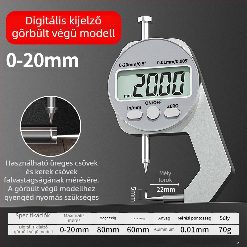 Digitális vastagságmérő, elektronikus vastagságmérő, mini tolómérő, sík vég, hegyes vég és ívelt vég, mérési tartományok 0-10 mm és 0-20 mm, Cassiolo
