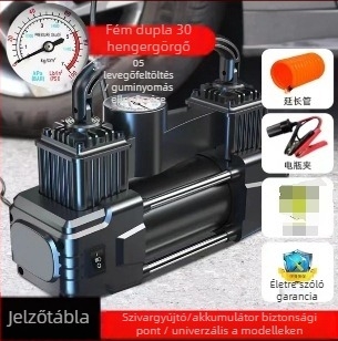 Kétszelemes autó légpumpa, 220W, 12V szivargyújtó csatlakozással, hordozható nagy nyomású inflátor, manométerrel