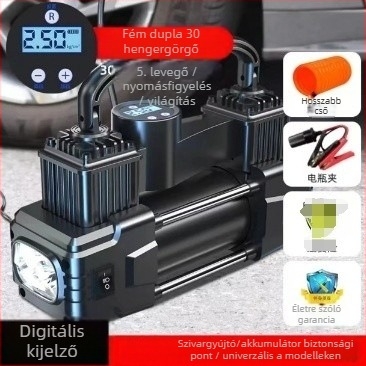 Kétszelemes autó légpumpa, 220W, 12V szivargyújtó csatlakozással, hordozható nagy nyomású inflátor, manométerrel