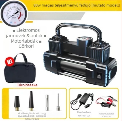 Kétszelemes autó légpumpa, 220W, 12V szivargyújtó csatlakozással, hordozható nagy nyomású inflátor, manométerrel