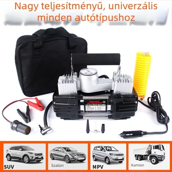Hordozható elektromos autó gumiszivattyú, duál-hengeres, 12V, 200W, 70 L/min, manométer