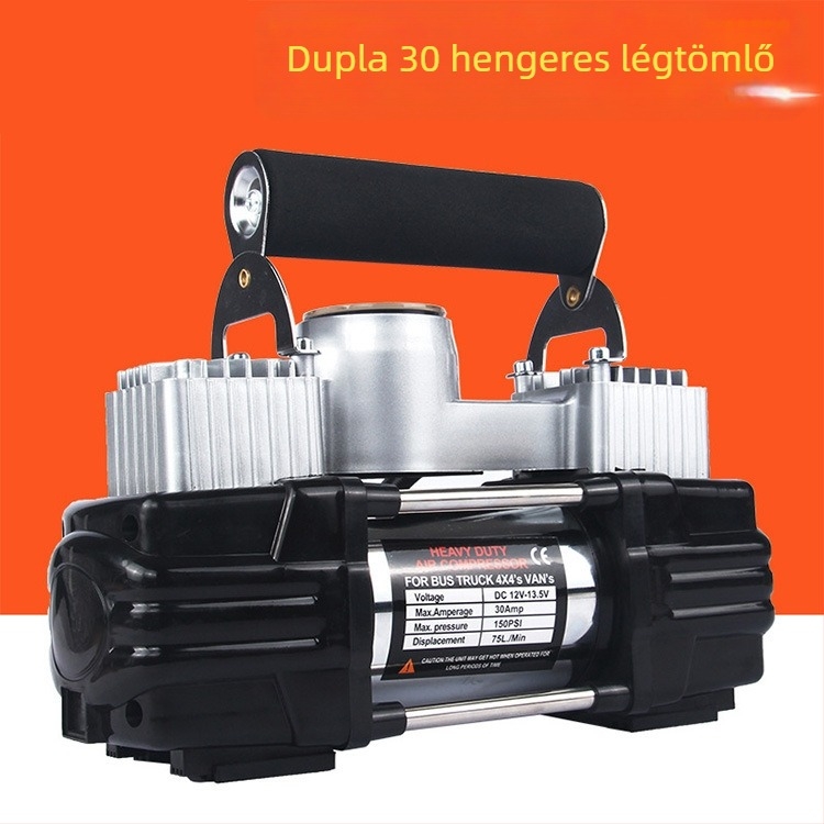 Hordozható elektromos autó gumiszivattyú, duál-hengeres, 12V, 200W, 70 L/min, manométer
