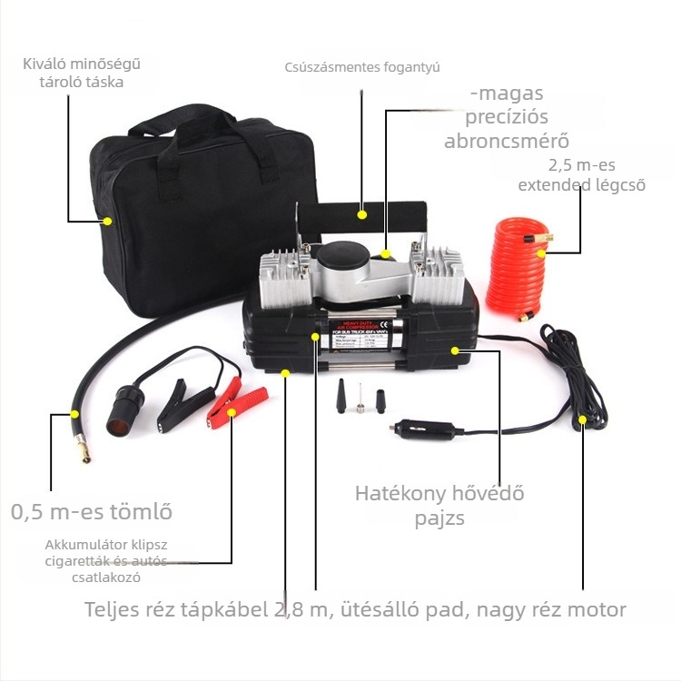 Hordozható elektromos autó gumiszivattyú, duál-hengeres, 12V, 200W, 70 L/min, manométer