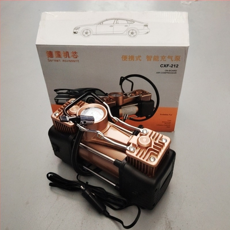Hordozható elektromos autó gumiszivattyú, duál-hengeres, 12V, 200W, 70 L/min, manométer