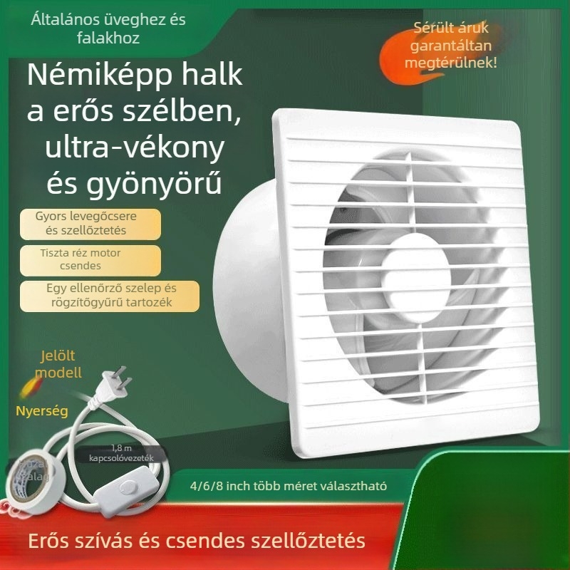 Fali szerelésű ventilátor, háromlapátos, csendes, réz motor, távirányító, konyha- és fürdőszobai szellőztetéshez