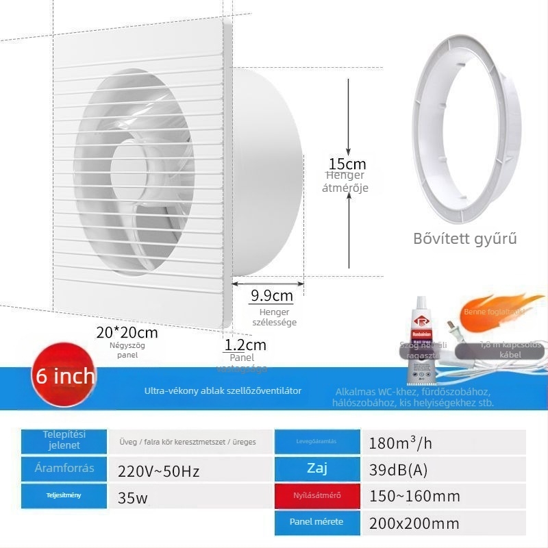 Fali szerelésű ventilátor, háromlapátos, csendes, réz motor, távirányító, konyha- és fürdőszobai szellőztetéshez