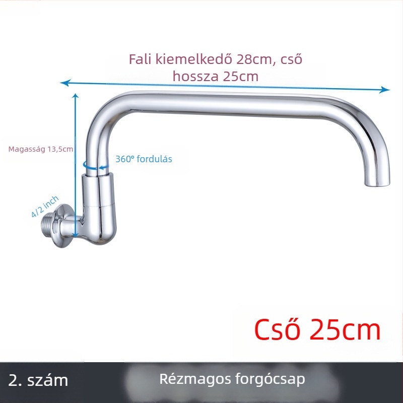 Kerámiaközpontú forgó mosogatócsaptelep, falra szerelt, krómozott felülettel, 2 cm bemenet/kimenet, modern minimalist stílus, Dragon Man