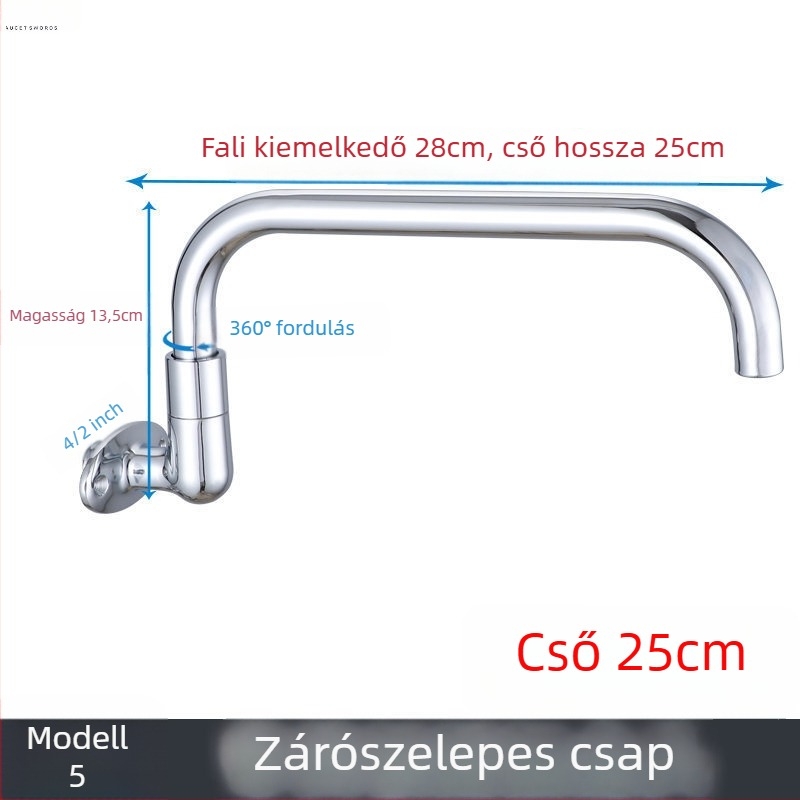 Kerámiaközpontú forgó mosogatócsaptelep, falra szerelt, krómozott felülettel, 2 cm bemenet/kimenet, modern minimalist stílus, Dragon Man