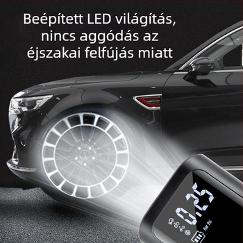 Kis hordozható gumi pumpa digitális kijelzővel — USB töltés, 12V, 25 L/min, 100W, beépített világítás és nyomásmérő