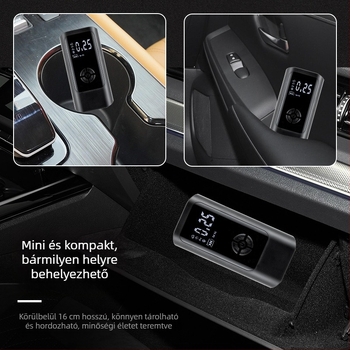Kis hordozható gumi pumpa digitális kijelzővel — USB töltés, 12V, 25 L/min, 100W, beépített világítás és nyomásmérő