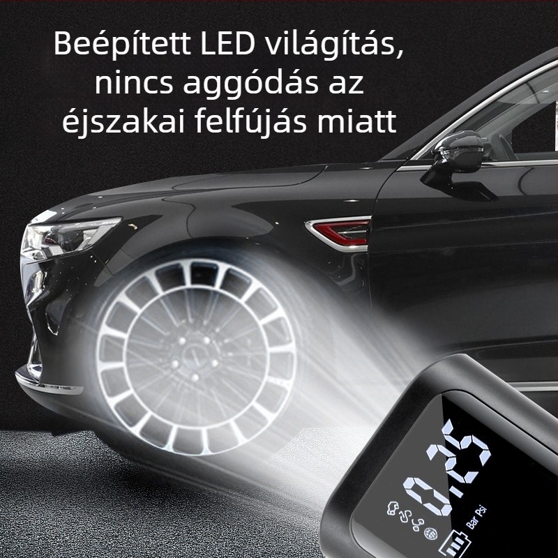 Kis hordozható gumi pumpa digitális kijelzővel — USB töltés, 12V, 25 L/min, 100W, beépített világítás és nyomásmérő