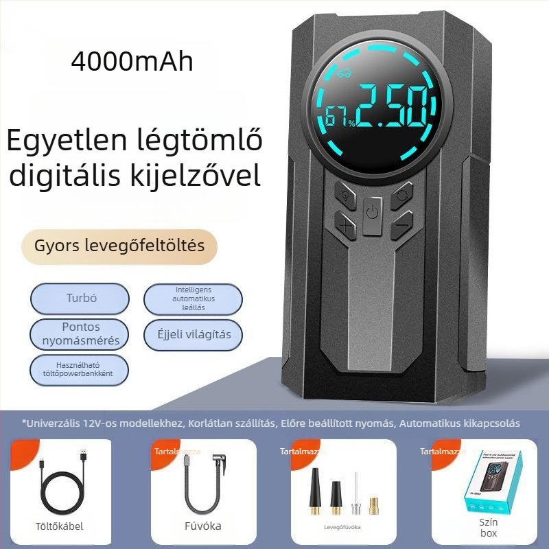 Egyhengeres hordozható vezeték nélküli autó‑légpumpa, 14,8V, 120W, 4 BAR, 35 L/min, Digitális kijelző