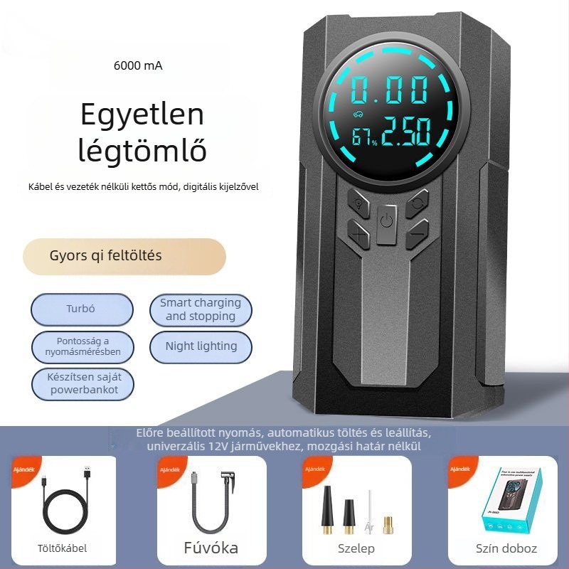 Egyhengeres hordozható vezeték nélküli autó‑légpumpa, 14,8V, 120W, 4 BAR, 35 L/min, Digitális kijelző