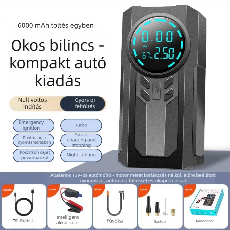 Egyhengeres hordozható vezeték nélküli autó‑légpumpa, 14,8V, 120W, 4 BAR, 35 L/min, Digitális kijelző