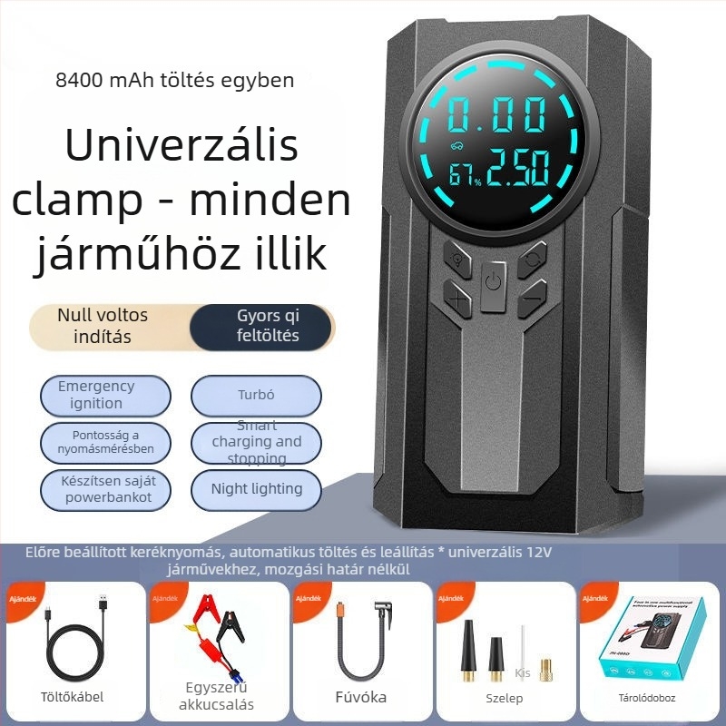 Egyhengeres hordozható vezeték nélküli autó‑légpumpa, 14,8V, 120W, 4 BAR, 35 L/min, Digitális kijelző