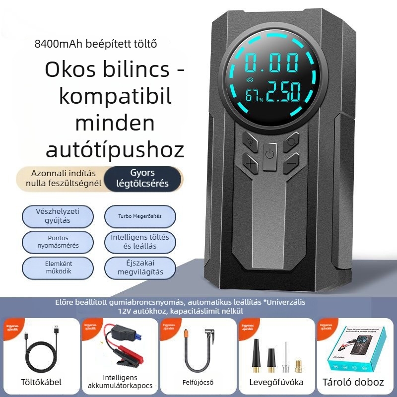 Egyhengeres hordozható vezeték nélküli autó‑légpumpa, 14,8V, 120W, 4 BAR, 35 L/min, Digitális kijelző