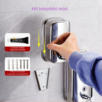 Fali rozsdamentes acél szappanadagoló a fürdőszobába, kézi nyomású működés, modern minimalista design, 400 g tömeg, sztancolás