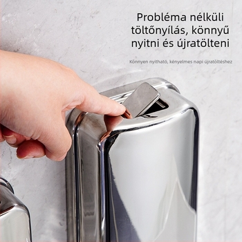 Fali rozsdamentes acél szappanadagoló a fürdőszobába, kézi nyomású működés, modern minimalista design, 400 g tömeg, sztancolás