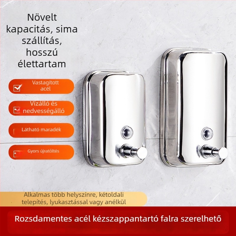 Fali rozsdamentes acél szappanadagoló a fürdőszobába, kézi nyomású működés, modern minimalista design, 400 g tömeg, sztancolás