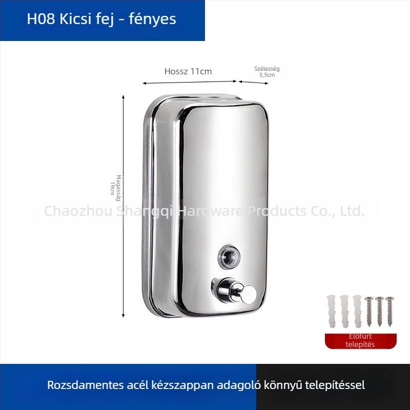 Fali rozsdamentes acél szappanadagoló a fürdőszobába, kézi nyomású működés, modern minimalista design, 400 g tömeg, sztancolás