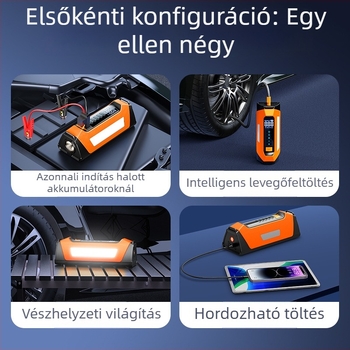 Autómentő indító és beépített légpumpa – minden egyben, 12V, 80W, 35 L/min, digitális kijelző, USB töltés