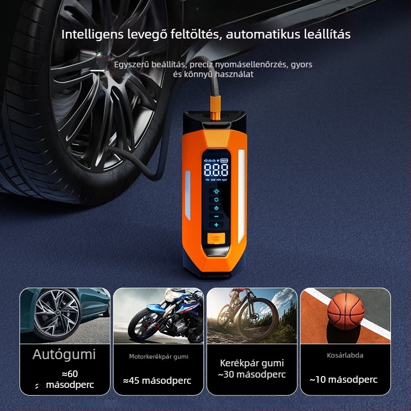 Autómentő indító és beépített légpumpa – minden egyben, 12V, 80W, 35 L/min, digitális kijelző, USB töltés