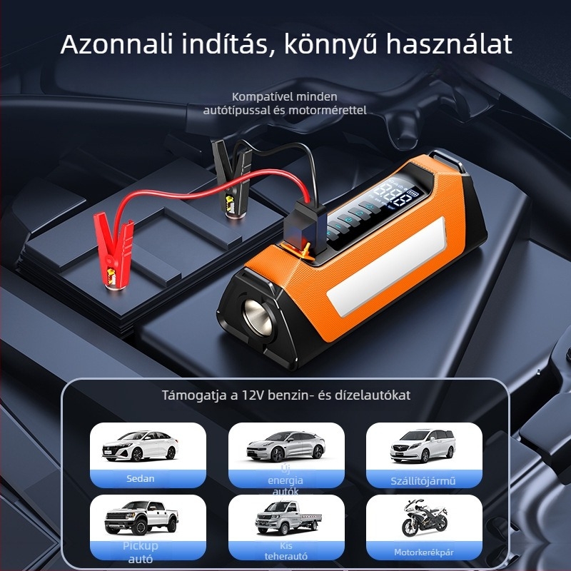 Autómentő indító és beépített légpumpa – minden egyben, 12V, 80W, 35 L/min, digitális kijelző, USB töltés