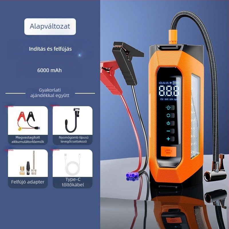Autómentő indító és beépített légpumpa – minden egyben, 12V, 80W, 35 L/min, digitális kijelző, USB töltés