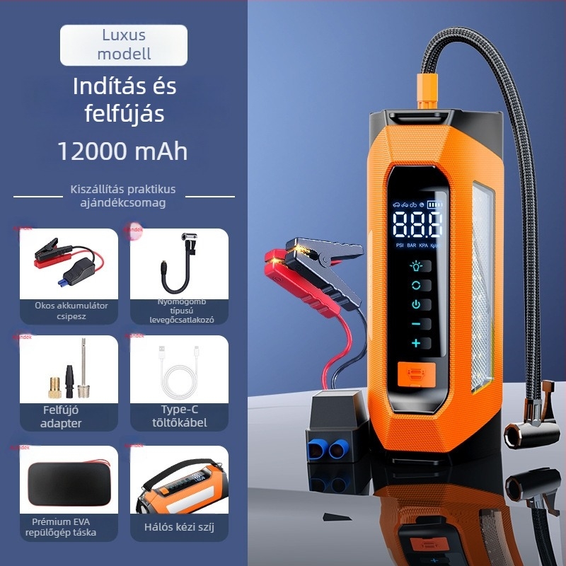Autómentő indító és beépített légpumpa – minden egyben, 12V, 80W, 35 L/min, digitális kijelző, USB töltés
