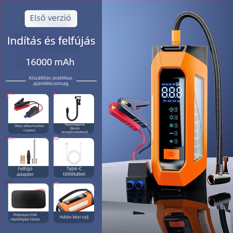 Autómentő indító és beépített légpumpa – minden egyben, 12V, 80W, 35 L/min, digitális kijelző, USB töltés