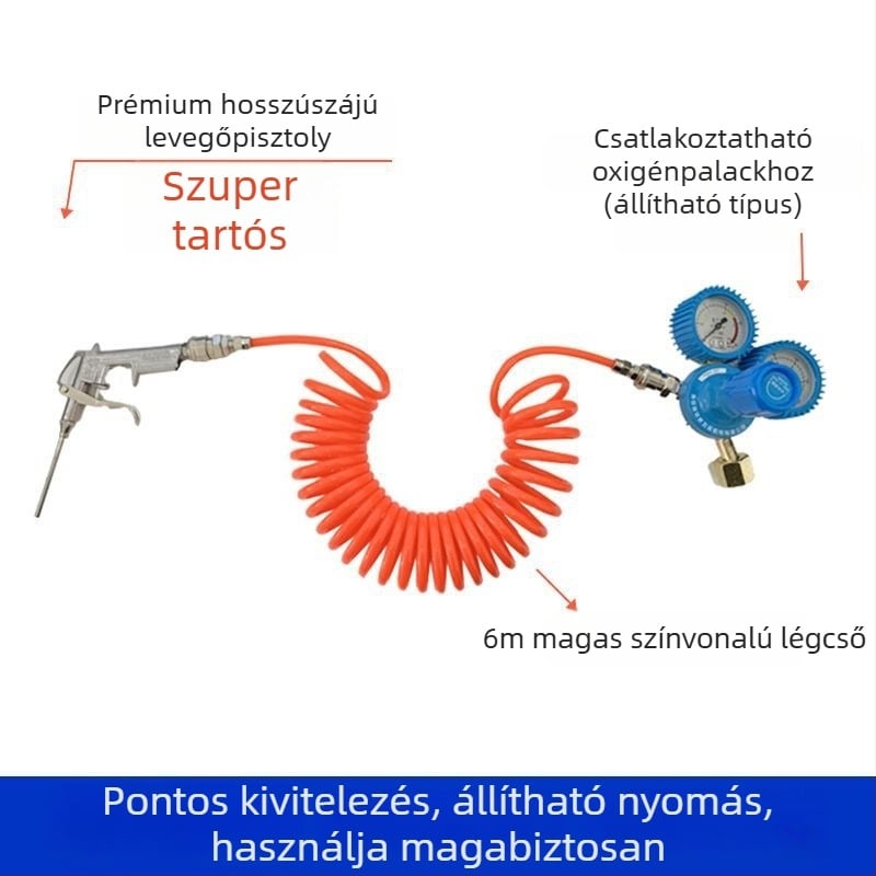 Hosszú szájú felfúvópisztoly halas zacskókhoz, oxigénellátó eszköz, oxigéncső, egy- és kétpozíciós oxigénkészlet, logisztikai csomagoláshoz