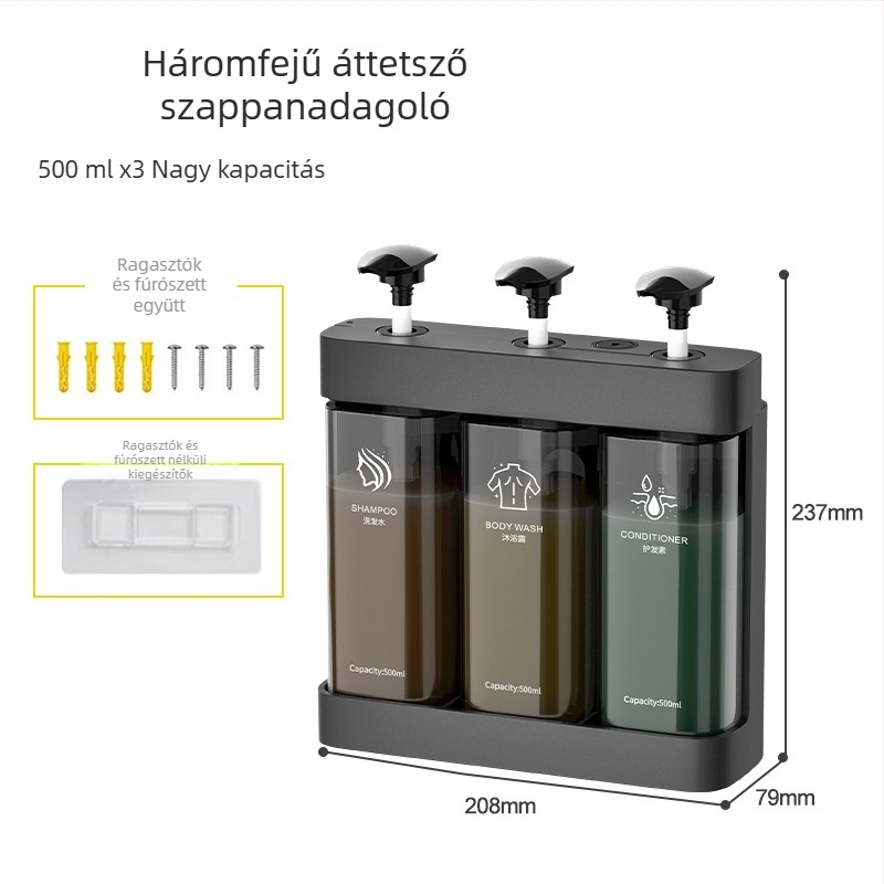 ABS anyagú falra szerelhető szappanadagoló – nagy kapacitás, kézi nyomású működés, fúrás nélküli telepítés, CE tanúsítvány