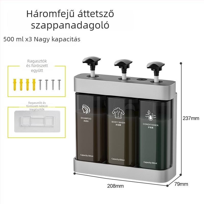 ABS anyagú falra szerelhető szappanadagoló – nagy kapacitás, kézi nyomású működés, fúrás nélküli telepítés, CE tanúsítvány