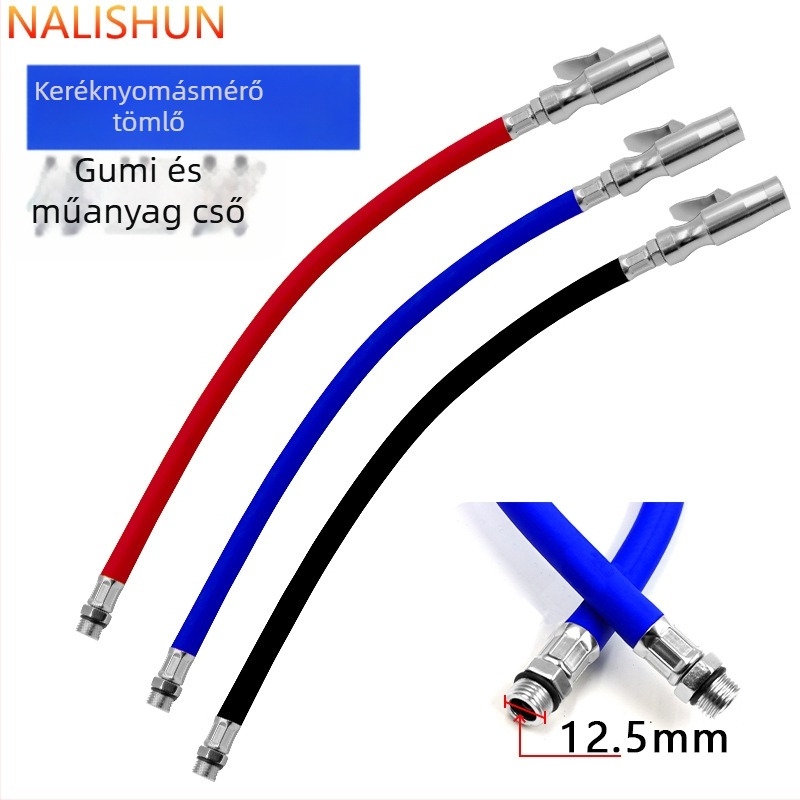 Gumi anyagú keréknyomás-fújó tömlő hosszabbító, önzáró csatlakozóval