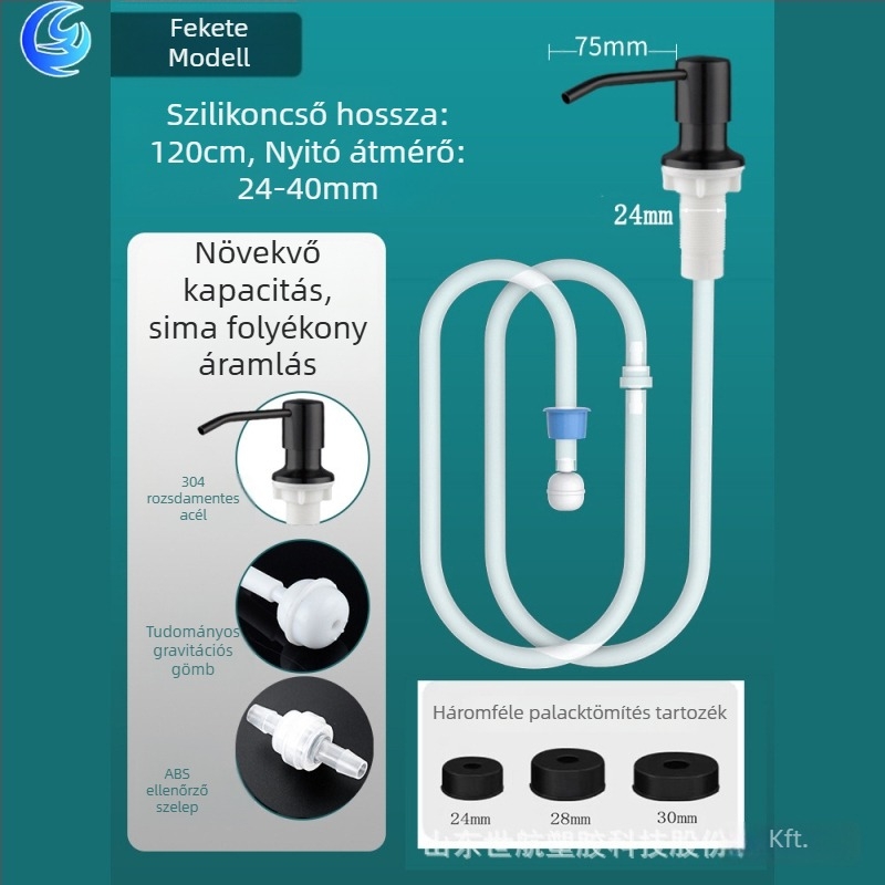 Szappanadagoló hosszú csővel mosogatóhoz, kézi nyomású működés, modern minimalista stílus; márka World Airlines; anyag: rozsdamentes acél és ABS; kezelés: általános.