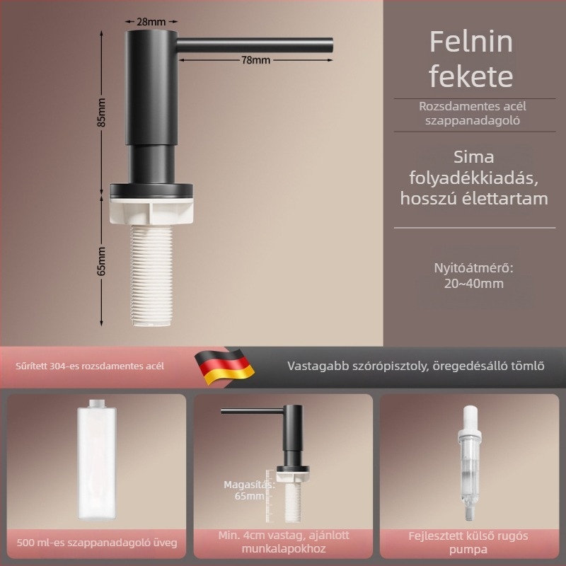 Sárgaréz konyhai mosószer-adagoló pumpával, kefézett felülettel, modern minimalista stílus, kézi működtetés