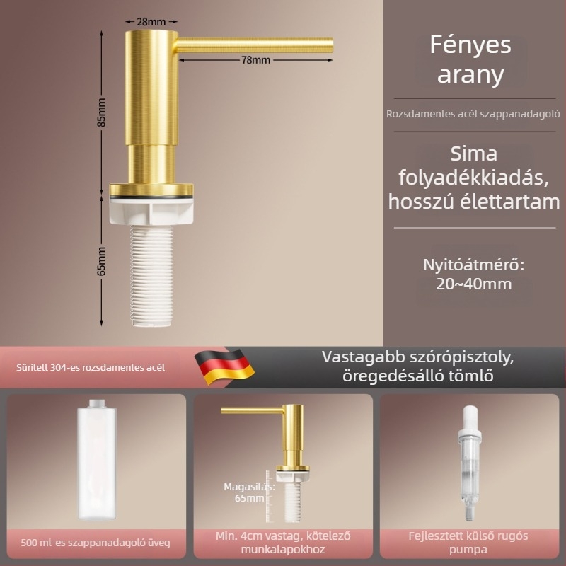 Sárgaréz konyhai mosószer-adagoló pumpával, kefézett felülettel, modern minimalista stílus, kézi működtetés