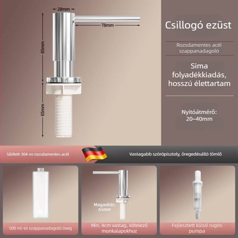Sárgaréz konyhai mosószer-adagoló pumpával, kefézett felülettel, modern minimalista stílus, kézi működtetés