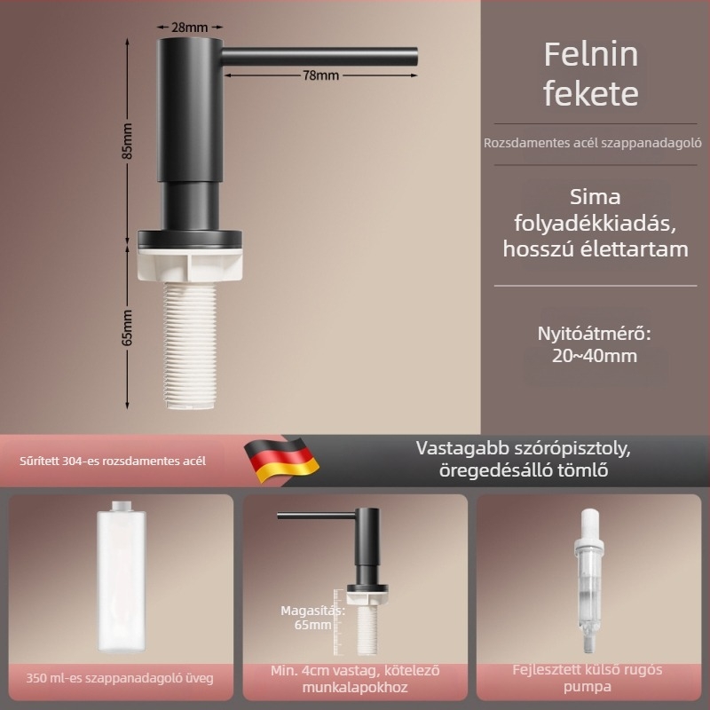 Sárgaréz konyhai mosószer-adagoló pumpával, kefézett felülettel, modern minimalista stílus, kézi működtetés