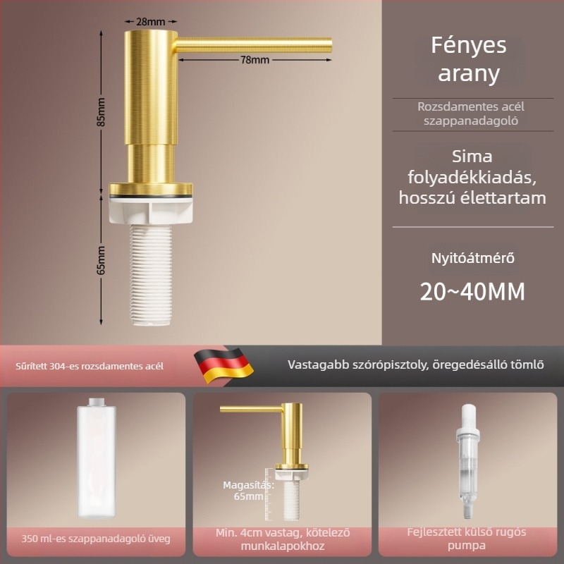 Sárgaréz konyhai mosószer-adagoló pumpával, kefézett felülettel, modern minimalista stílus, kézi működtetés
