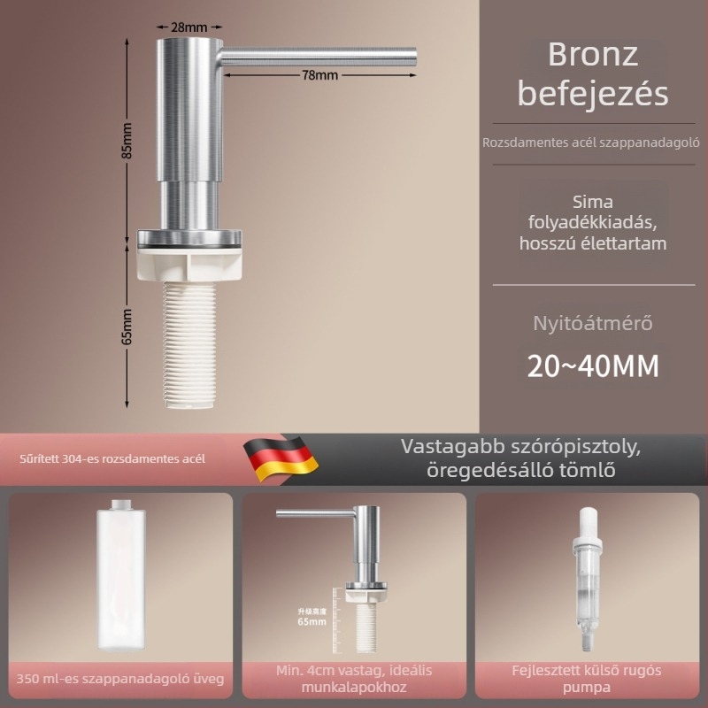 Sárgaréz konyhai mosószer-adagoló pumpával, kefézett felülettel, modern minimalista stílus, kézi működtetés