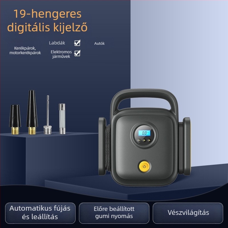 Hordozható autó légpumpa digitális kijelzővel, 12V, 120W, 60 cm cső, 35 L/min