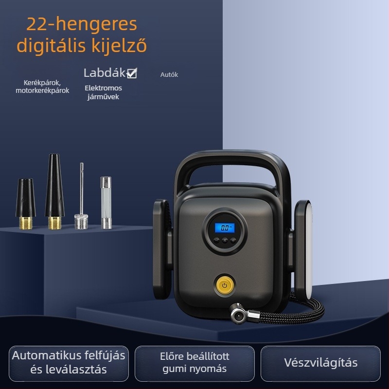 Hordozható autó légpumpa digitális kijelzővel, 12V, 120W, 60 cm cső, 35 L/min