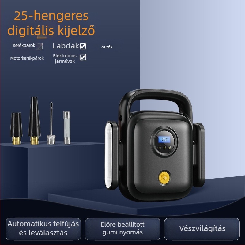Hordozható autó légpumpa digitális kijelzővel, 12V, 120W, 60 cm cső, 35 L/min