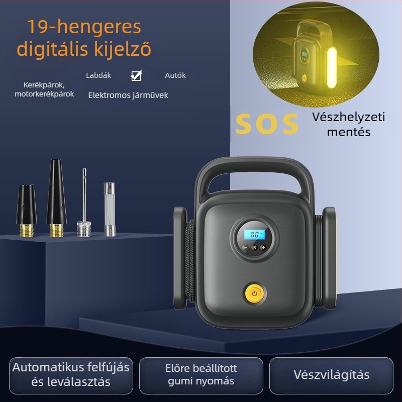 Hordozható autó légpumpa digitális kijelzővel, 12V, 120W, 60 cm cső, 35 L/min