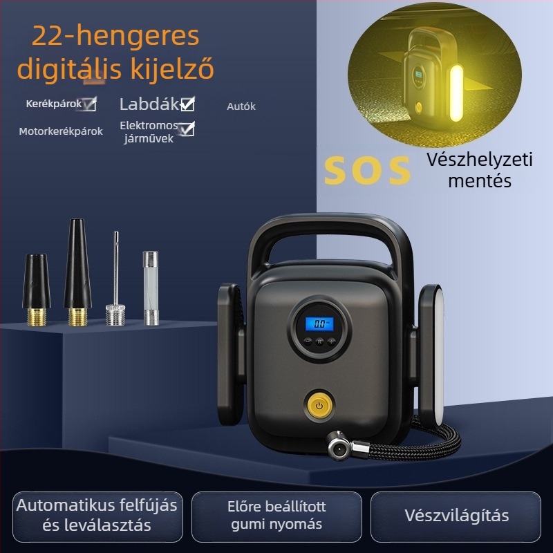 Hordozható autó légpumpa digitális kijelzővel, 12V, 120W, 60 cm cső, 35 L/min